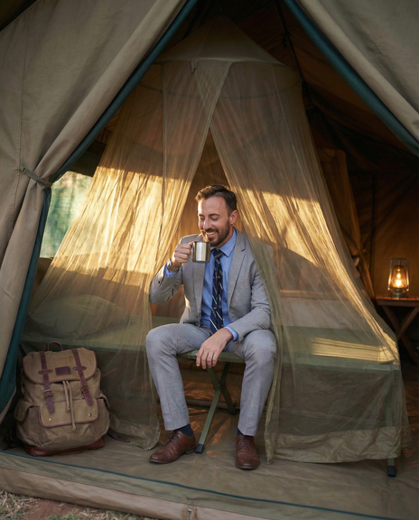 Un homme boit un café dans une tente