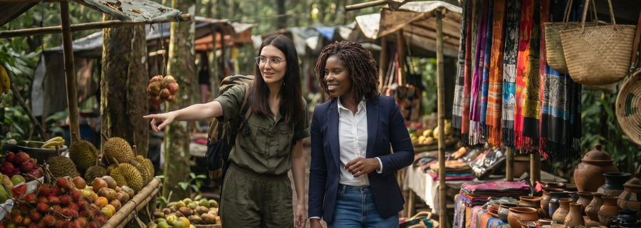 Une femme d'affaires marchant dans un marché 